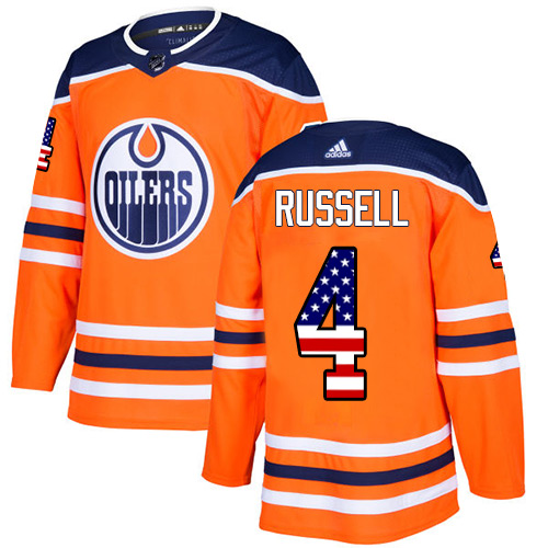 Adidas Oilers #4 Kris Russell Orange Home Authentic USA Flag Stitched NHL Jersey - Click Image to Close